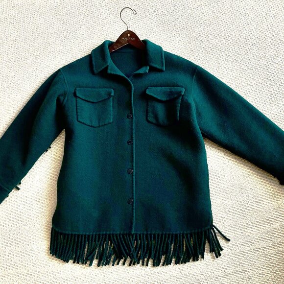 Sandro Wool Fringed Jacket - dark green sz 36 - Picture 1 of 3